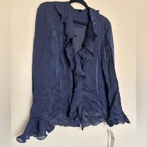 NWT Lauren Ralph Lauren Sz 14W Navy Ruffle Silk Blouse Button Romantic Feminine